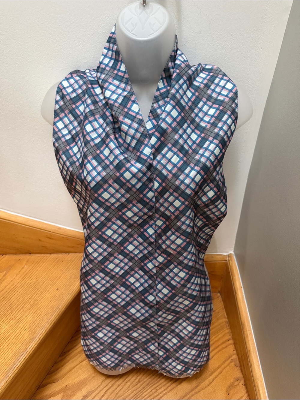 Vintage Plaid Oblong Scarf in Blue, Pink, Grey, and White